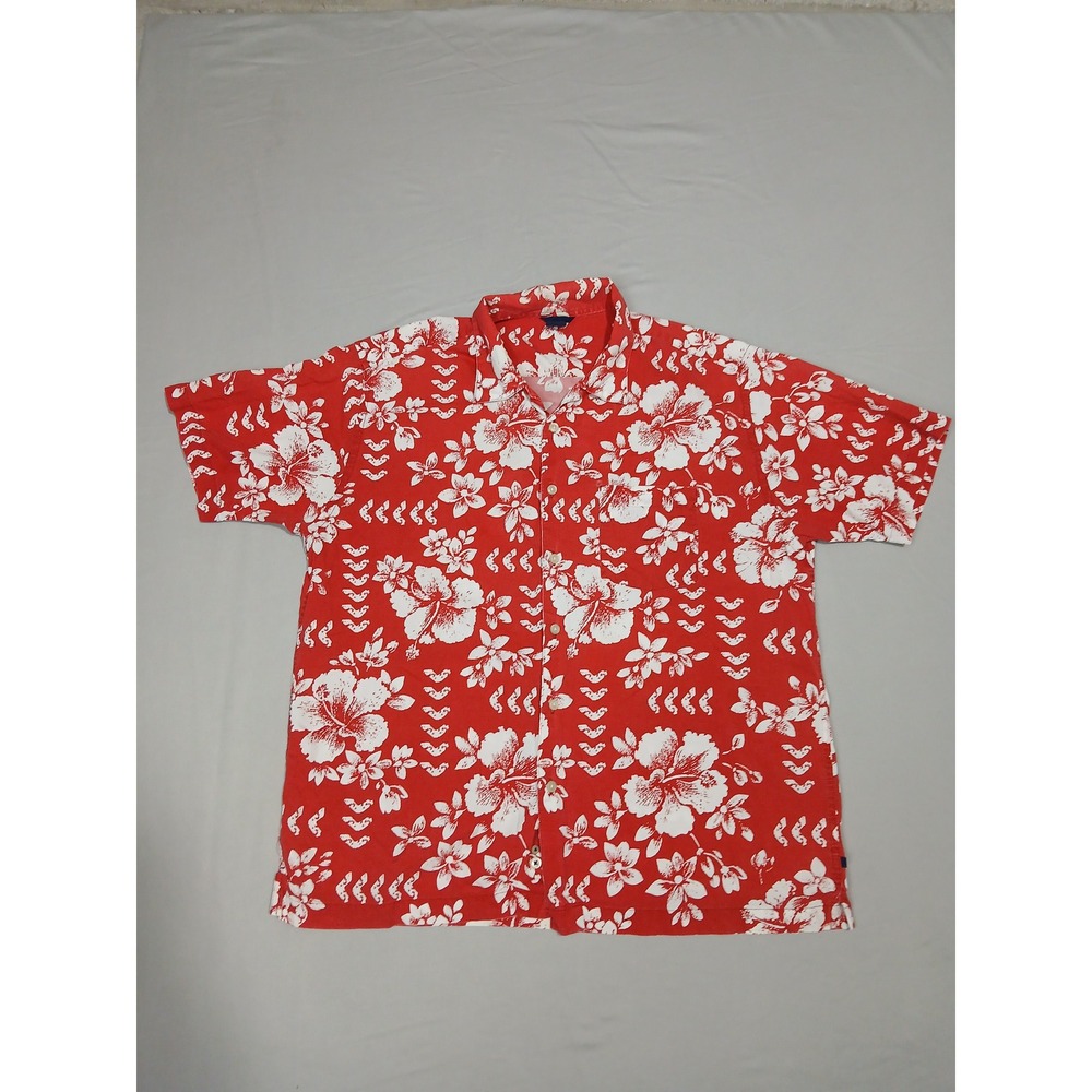 GAP Mens Hawaiian Shirt Large Red White Hibiscus Floral Cotton Button Down Aloha